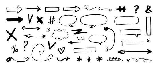 Obraz premium Hand drawn arrow, speech bubble, symbols sketch vector elements