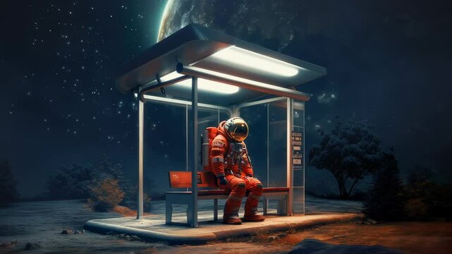 Astronaut in orange spacesuit sitting alone at illuminated bus stop with planet and starry background, depicting isolation and contemplation in cosmic environment.