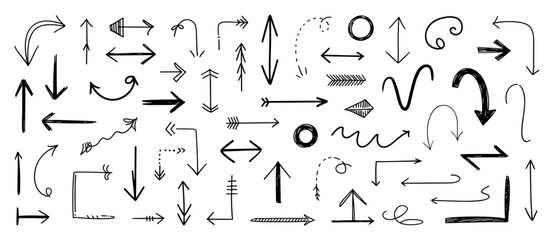 Arrow doodles vector set, hand drawn direction indicators, sketch elements for infographic design.