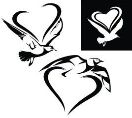 seagull bird flying with spread wings over stylized heart shaped copy space frame - black and white vector design set for seaside theme