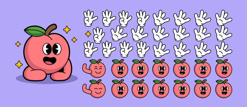 Cartoon peach character asset pack with hands and fruit poses, fun animation design