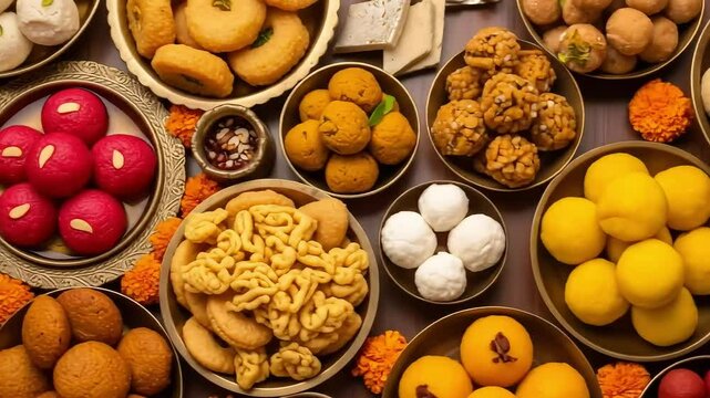 Assortment Of Colorful Indian Sweets In Golden Bowls And Orange Flowers On Brown Surface