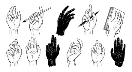 Set of hand gestures, drawing hands, hands holding items, creativity, line art, illustration