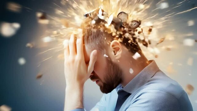 Bearded man in business attire experiencing mental breakdown, clocks and objects exploding from head, symbolizing overwhelming work stress and time management challenges.