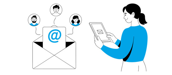Woman with tablet receiving email message from contacts illustration, vector style