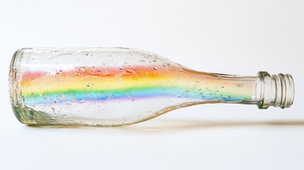 A clear glass bottle lies on its side, condensation clinging to its surface. A vibrant rainbow spectrum is subtly visible inside, suggesting liquid