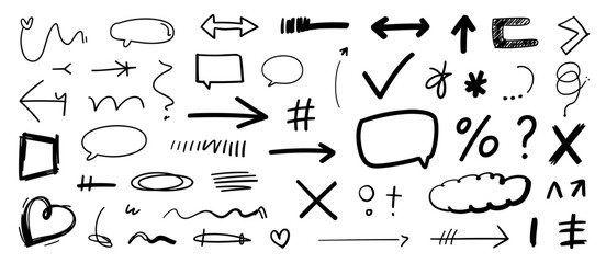 Hand drawn doodle elements: arrows, speech bubbles, symbols, checkmarks and more