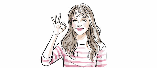 Woman making okay sign, hand gesture, young adult, fashion, beautiful, happy, approval, portrait, illustration