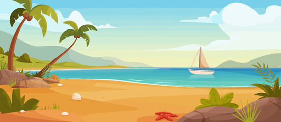 Obraz premium Tropical beach cartoon landscape: palm trees, sand, ocean, sailboat, vacation