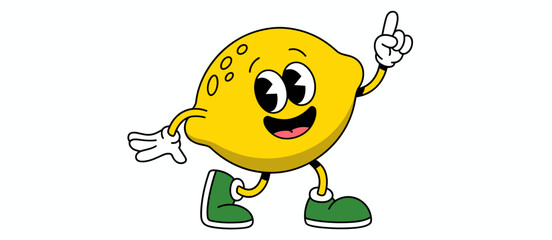 Retro lemon cartoon character pointing up, fun citrus mascot, concept illustration