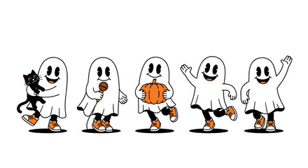 Halloween ghosts cartoon characters with pumpkin, microphone, cat, festive and spooky