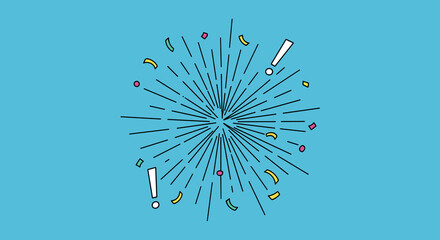 Celebration burst with confetti, announcement with exclamation marks, surprise party event background design.