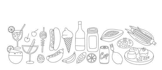 Summer food illustration: cocktails, hot dogs, corn, ice cream, fruit outlines