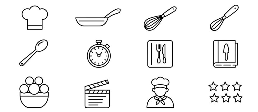Cooking preparation line icons: chef, timer, pan, whisk, spoon, cookbook, clapperboard, rating.