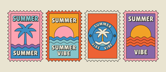 Summer vibe stamp collection: tropical palm tree, sun, and ocean waves retro design