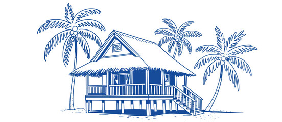 Tropical house on stilts with palm trees illustration, vacation getaway, summer