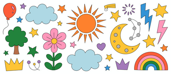 Groovy retro design elements: sun, moon, stars, clouds, rainbow and more
