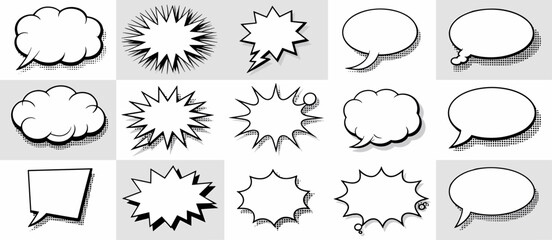 Comic speech bubbles collection, communication design elements, black and white.
