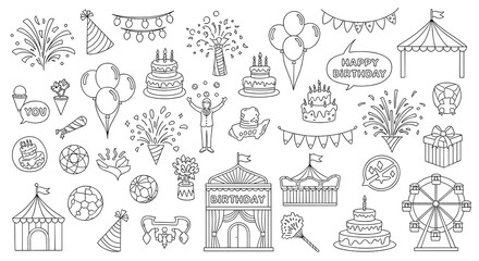 Celebration doodles with birthday cakes, balloons, gifts, fireworks, and carnival elements