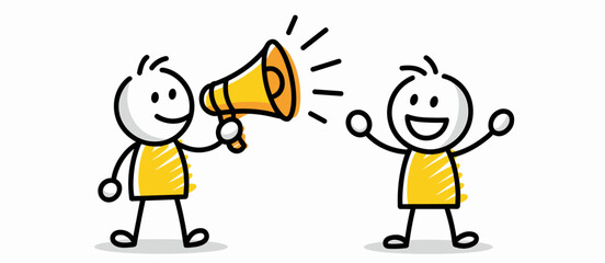 Two people communication using megaphone, stick figures announcement illustration