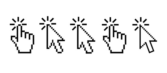 Clicking cursors pixelated, pointing hand, pointer collection, cursor, click, selection, vector, interface, design, web