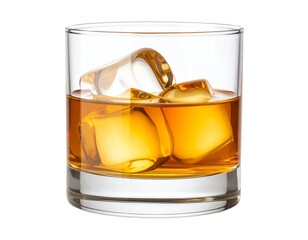 Whiskey glass with ice cubes on a table.