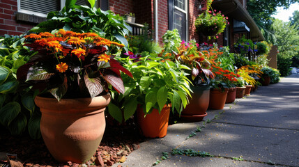 Obraz premium Bright flower arrangements in colorful pots line charming sidewalk, showcasing vibrant blooms and lush greenery. This inviting scene captures essence of well kept front yard garden