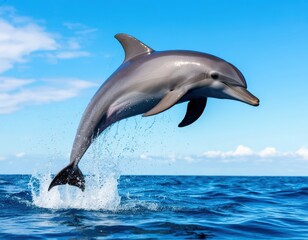 Fototapeta premium A dolphin is captured mid-jump, frozen in the air with the sky as background.