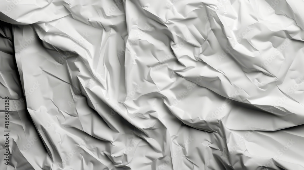 Poster crumpled white paper texture with intricate folds and shadows creates visually interesting surface. 