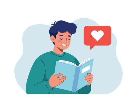 Joyful reading: A happy man engrossed in a book. Symbolizes relaxation, learning, and the enriching hobby of literature, fostering imagination and personal knowledge for well-being