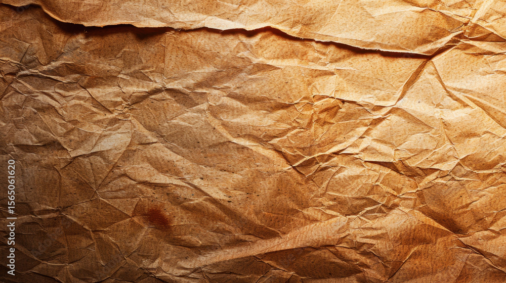 Poster crumpled brown paper texture with intricate folds and creases, creating rustic and vintage appearanc