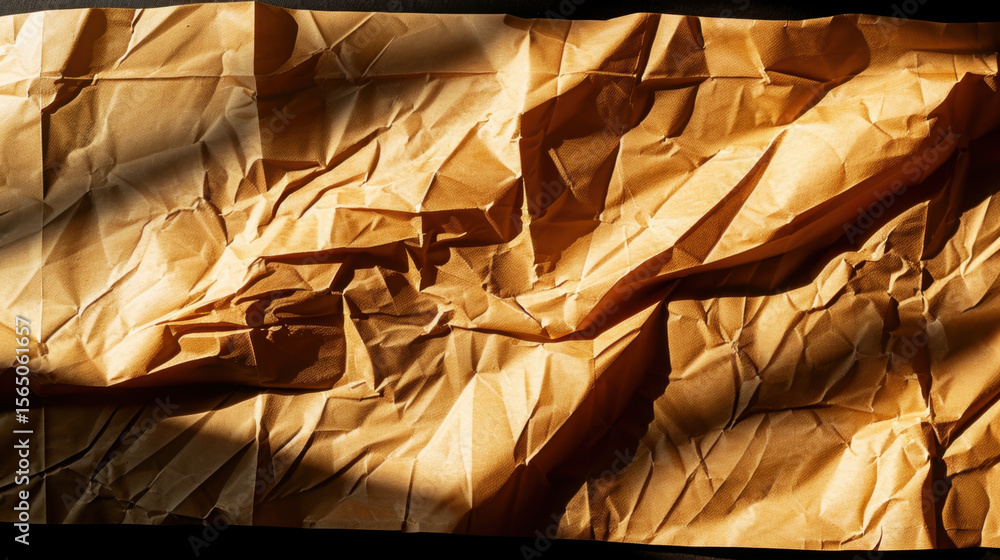 Poster crumpled brown paper texture with shadows creating dynamic visual effect, showcasing intricate folds