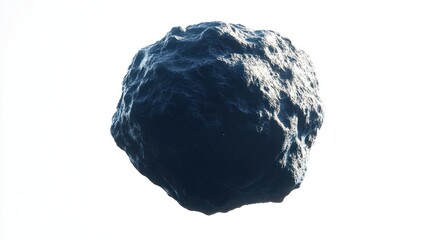 Obraz premium A dark, irregularly shaped asteroid, possibly a meteorite, floats against a stark white background; its surface is rough and textured