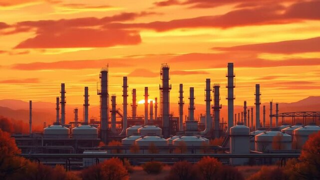 Oil refinery industry, petrochemical plant under dramatic sunset sky. Energy sector infrastructure with towers, tanks, pipelines. 4k video