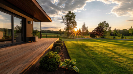 Obraz premium Beautiful contemporary home with minimalist garden, showcasing stunning sunset over lush green lawn. warm sunlight creates serene atmosphere, perfect for relaxation
