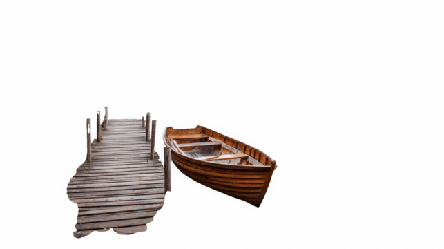 Wooden Rowboat Beside Old Dock on White Background

