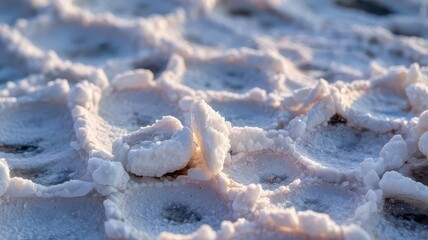 Death Valley salt flats crystalline structures illuminated by sunrise light creating three-dimensional geometric patterns with natural shadows