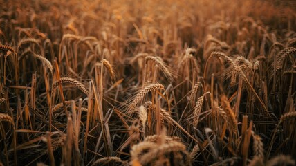 Wheat field stubble golden hour close-up showing cut stalks and dried grain heads with warm sunlight illuminating agricultural harvest remnants