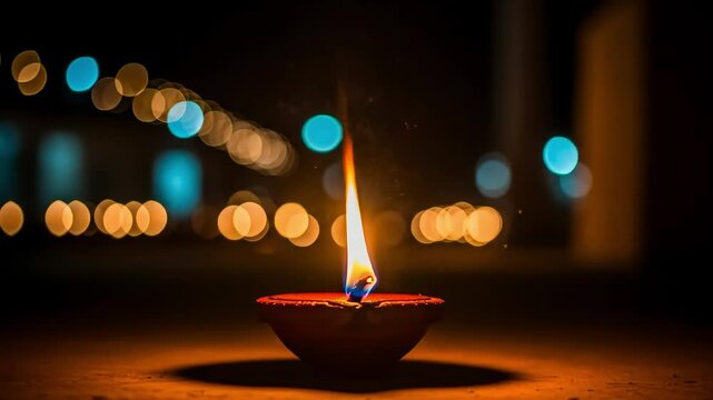 Close Up of a Lit Oil Lamp with a Bright Flame Against Blurred Bokeh Lights at Night