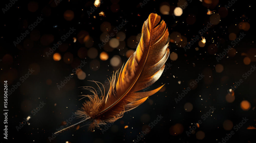 Poster beautiful feather floating in midair, illuminated by soft glowing light, creating magical atmosphere