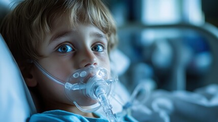 Child receiving medical treatment with oxygen mask in hospital setting during nighttime