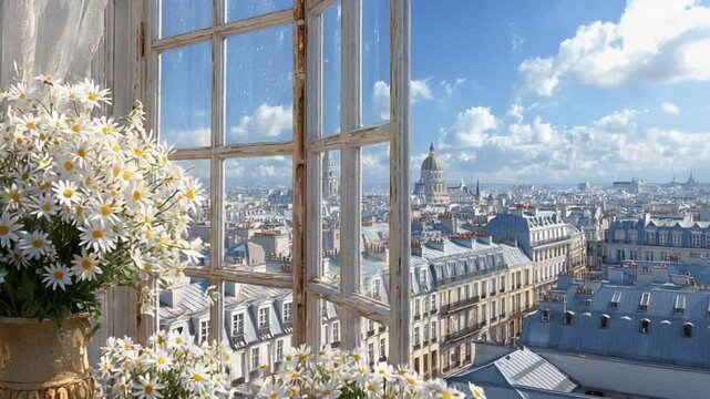 Parisian charm with daisies view from vintage window in bloom offering picturesque cityscape
