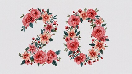 Blooming flowers forming the number twenty