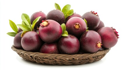 A rustic brown woven basket overflowing with plump, dark-red berries and vibrant green leaves, set against a stark white background