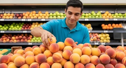Cheerful man in a blue t-shirt picking out fresh, ripe peaches from a large display at a supermarket