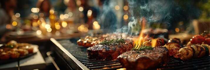 Grilling meat with herbs and vegetables during a summer evening gathering outdoors