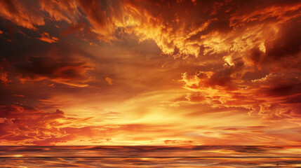 Fototapeta premium Vibrant sunset with pastel orange sky, radiant light illuminating horizon, and tranquil ocean reflecting warm colors, creating serene and peaceful atmosphere