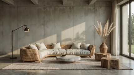 Wabi-Sabi Inspired Living Space with Raw Concrete and Curved Wood Sofa