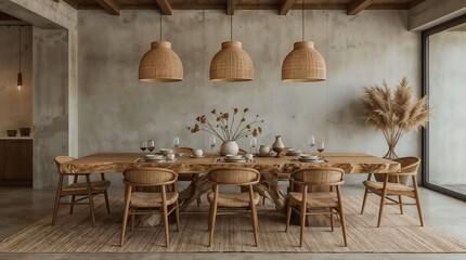 Serene Wabi-Sabi Dining Space with Natural Wood Table and Woven Lighting