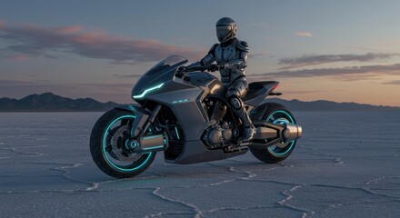 Person riding modern motorcycle at dawn